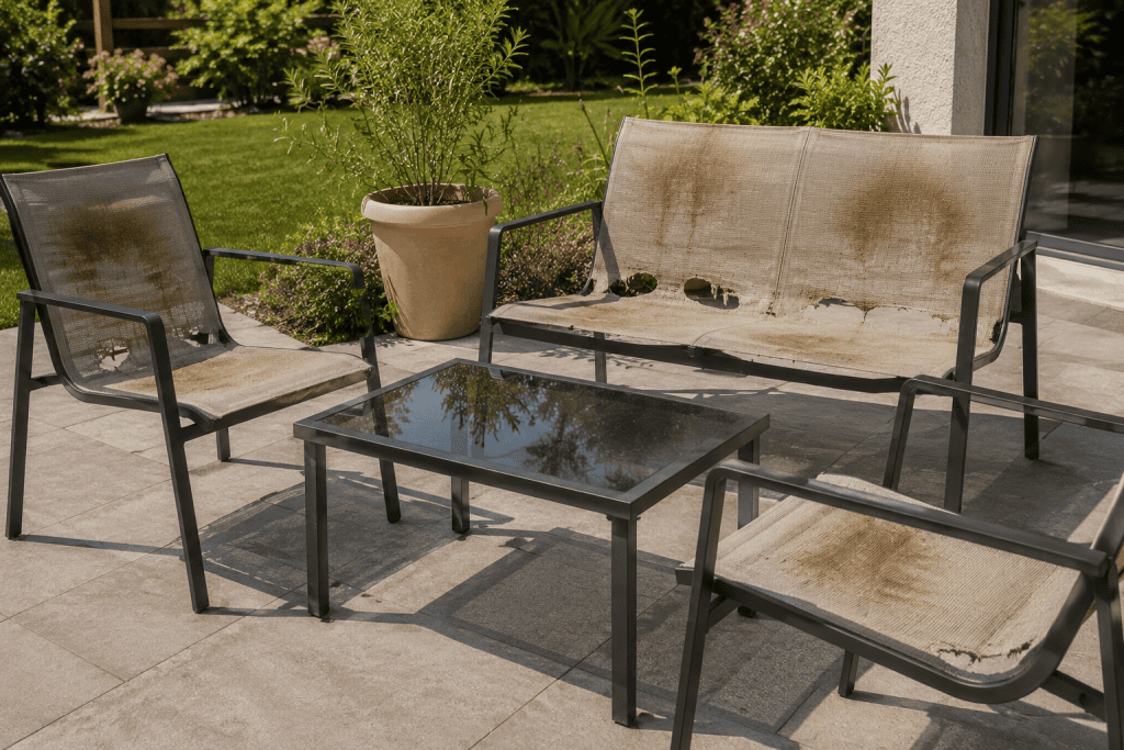 salon de jardin abîmé par la chaleur